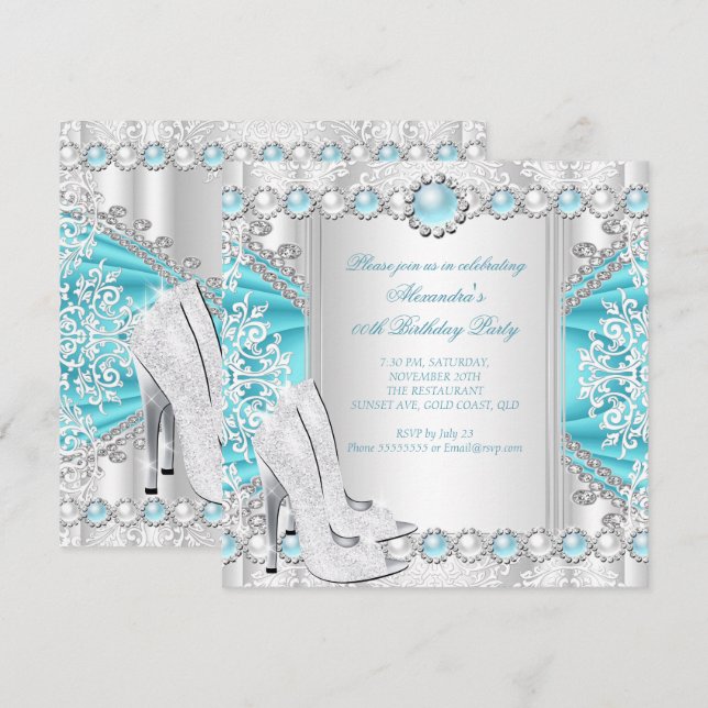 Aquamarine Silber High Heels White Pearl Geburtsta Einladung (Vorne/Hinten)