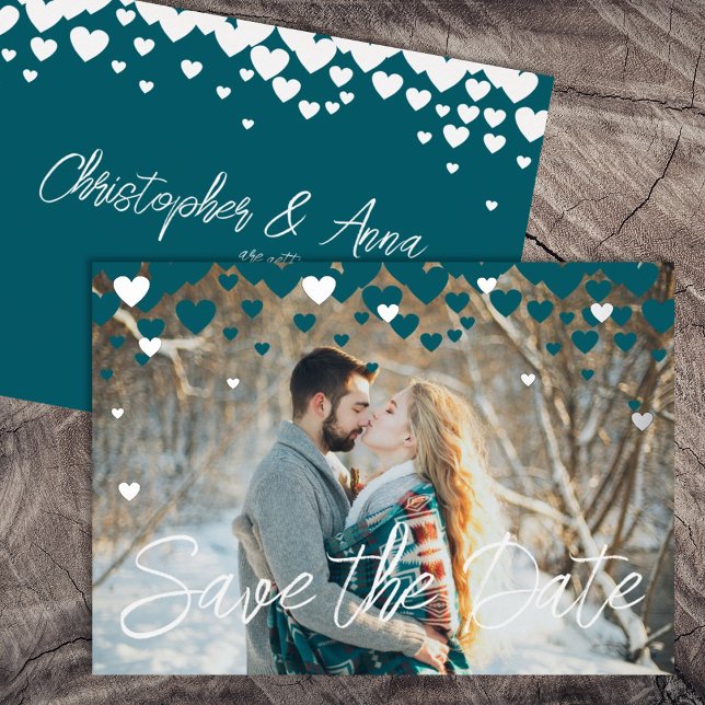 Aquamarine, Silberherzen, Winter- oder Valentinhoc Folieneinladung (winter teal green valentines february wedding save the date hearts elegant script calligraphy invite)