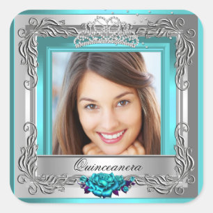 Aquamarine Silberne Rose Quinceanera 15. Geburtsta Quadratischer Aufkleber