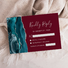 Aquamarine Silver Agate Burgundy Wedding RSVP Karte
