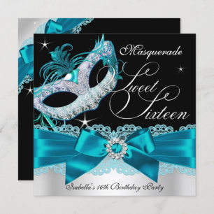 Aquamarine Silver Bow Masquerade 16 . Geburtstag e Einladung