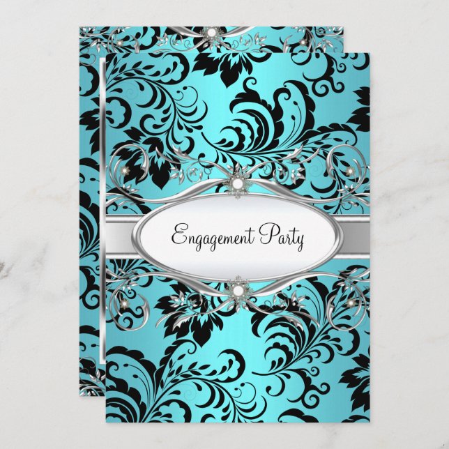 Aquamarine Silver Floral Swirt Engagement Party Einladung (Vorne/Hinten)