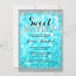 Aquamarine Silver Imitate Glitzer Lights Sweet 16  Einladung