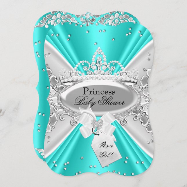 Aquamarine Silver Princess Tiara Baby Dusche einla Einladung (Vorne/Hinten)