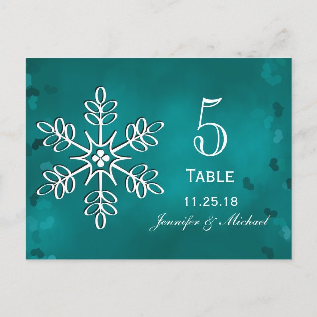 Aquamarine Snowflake-Hochzeitskarten für Tischnumm Postkarte (Vorderseite)