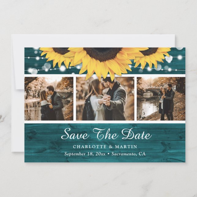 Aquamarine Sonnenblume Rustikales Holz Hochzeit 3  Save The Date (Vorderseite)