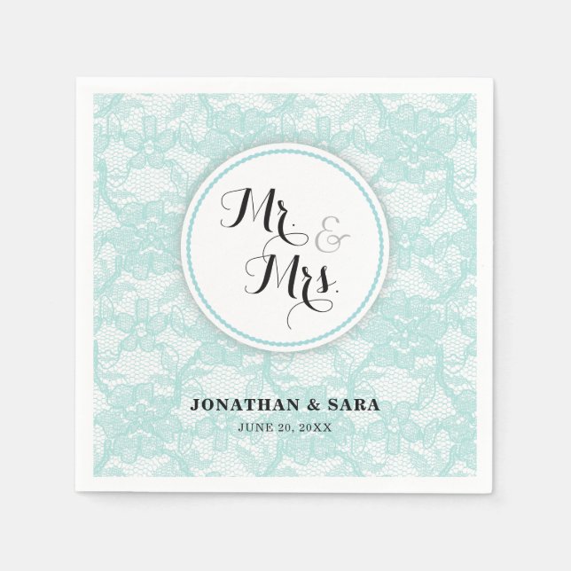 Aquamarine Spitze, Herr u. Frau Personalized Serviette (Vorderseite)
