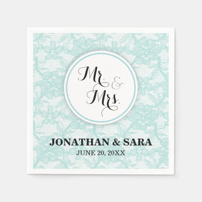 Aquamarine Spitze, Herr u. Frau Personalized Serviette (Vorderseite)