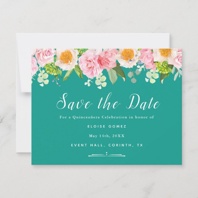 Aquamarine Spring Quinceañera Save the Date-Karte Dankeskarte (Vorderseite)