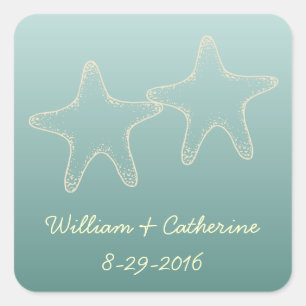 Aquamarine Starfish Hochzeitsticker Quadratischer Aufkleber