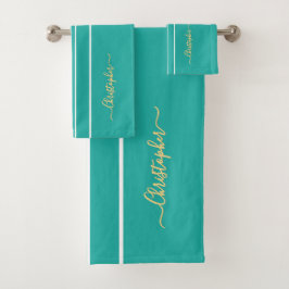 Aquamarine Streifen Imitate aus weißem Racing Gold Badhandtuch Set