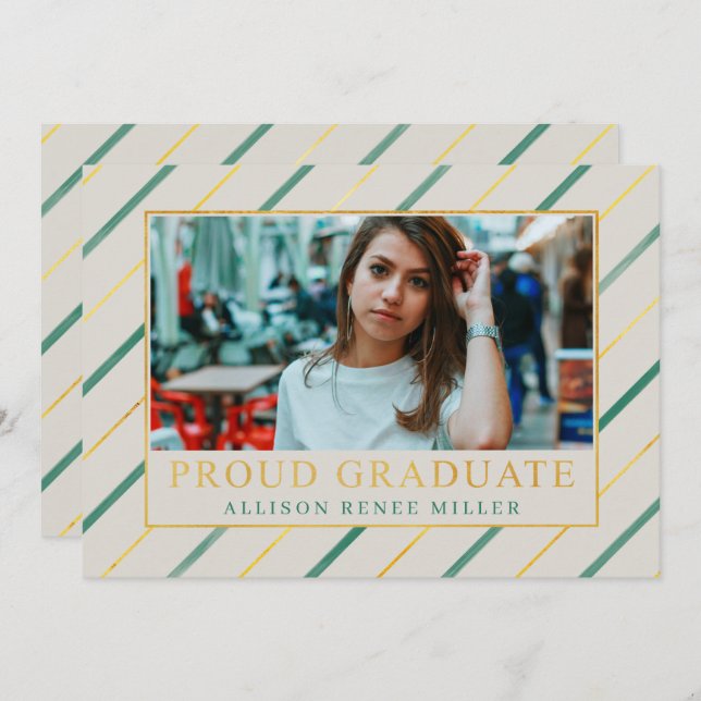 Aquamarine Streifen Modern Elegantes Foto Abschlus Einladung (Vorne/Hinten)