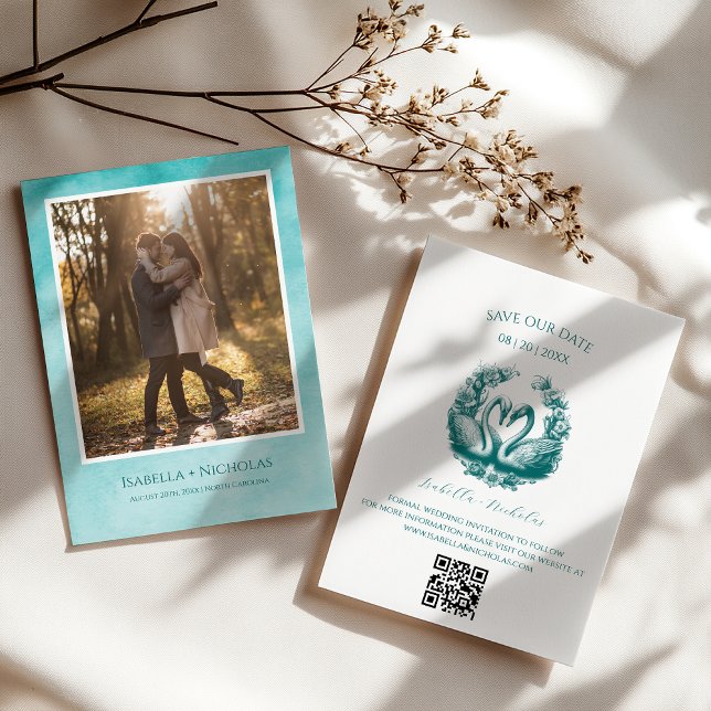 Aquamarine Swan-Foto-Save the Date-Karte Einladung (Romantic Teal Save The Date)
