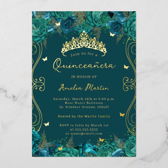 Aquamarine Swirl Scroll Bläserne Quinceanera Folieneinladung (Vorderseite)