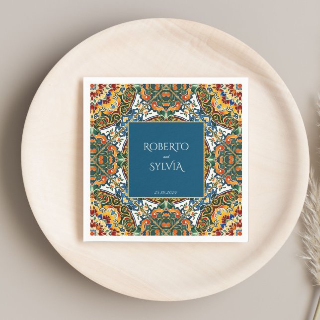 Aquamarine talavera Vintage mexikanische Hochzeit  Serviette (Teal talavera vintage Mexican wedding customized monogrammed Napkins personalized table decor)