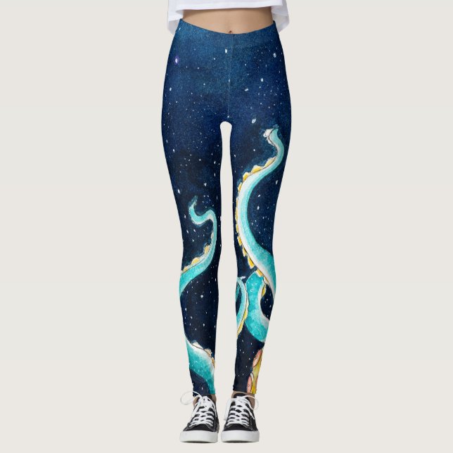 Aquamarine Tentacs Galaxy Stars Wasserfarbe Leggings (Vorderseite)