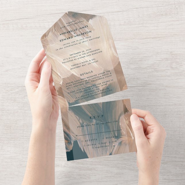 Aquamarine Terracotta abstrakte uAwg Hochzeit All In One Einladung (Abreißen)