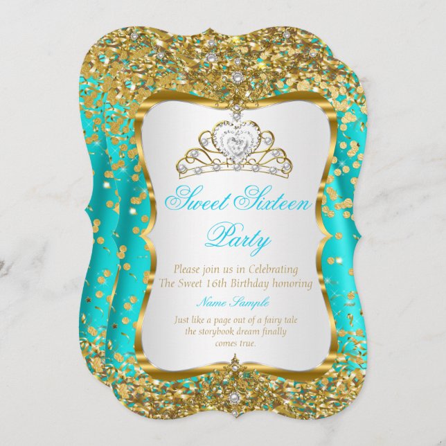 Aquamarine Tiara Princess Sweet 16 Gold White Einl Einladung (Vorne/Hinten)