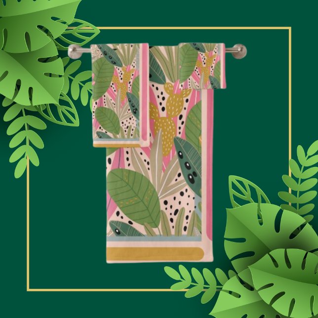 Aquamarine tropische Blätter, grün, rosa, Strandfa Badhandtuch Set (Von Creator hochgeladen)