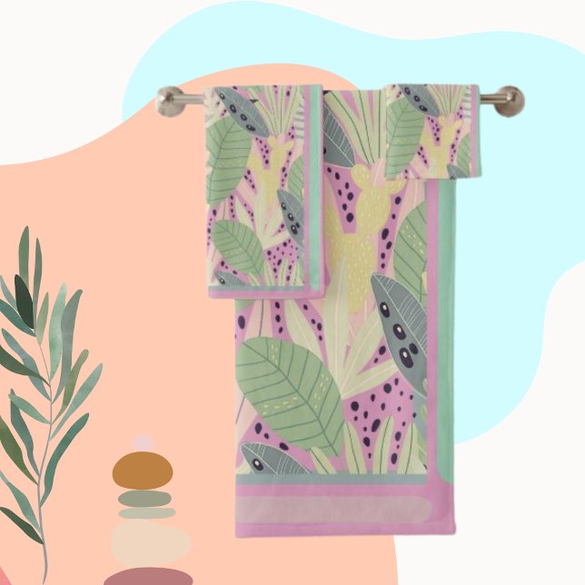 Aquamarine tropische Blätter, grün, rosa, Strandfa Badhandtuch Set (Von Creator hochgeladen)