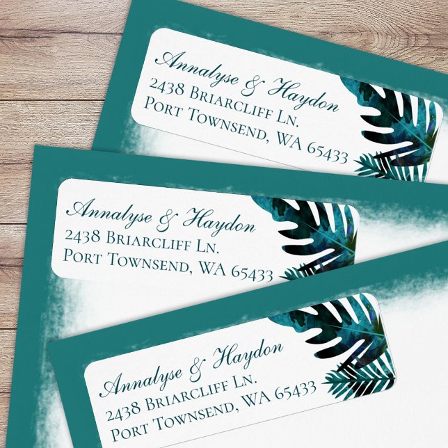 Aquamarine tropische Blätter Hochzeit Rücksendeadr (tropical teal green, turquoise island palm leaves, fern leaf, monstera return address labels)