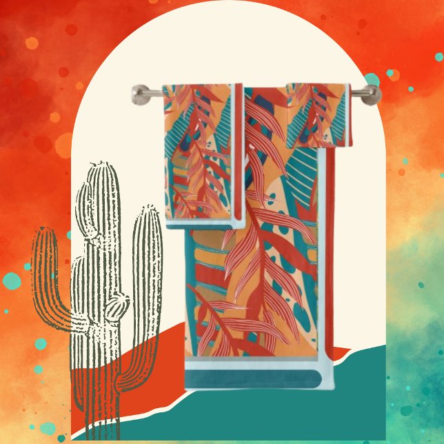 Aquamarine tropische Blätter, Rot, Orange & Beachy Badhandtuch Set (Von Creator hochgeladen)