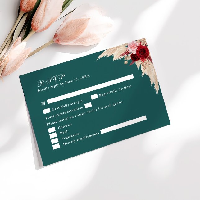 Aquamarine tropische Rose Hochzeitkarte für RSVP Dankeskarte (Teal Tropical Roses Wedding RSVP Card on sunny white table with pale pink flowers.)