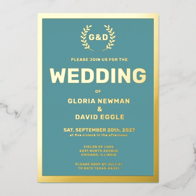 Aquamarine Typografie Wedding Real Gold Folieneinladung (Vorderseite)