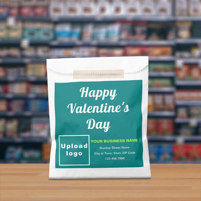 Aquamarine Umweltname: Valentine; Papiertüte Geschenktütchen (Teal green business brand with Valentine greeting on paper bag.)