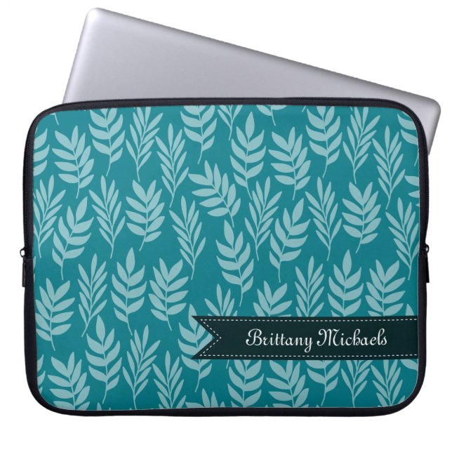 Aquamarine und Aqua Elegante Blätter Muster mit Na Laptopschutzhülle (Vorderseite)