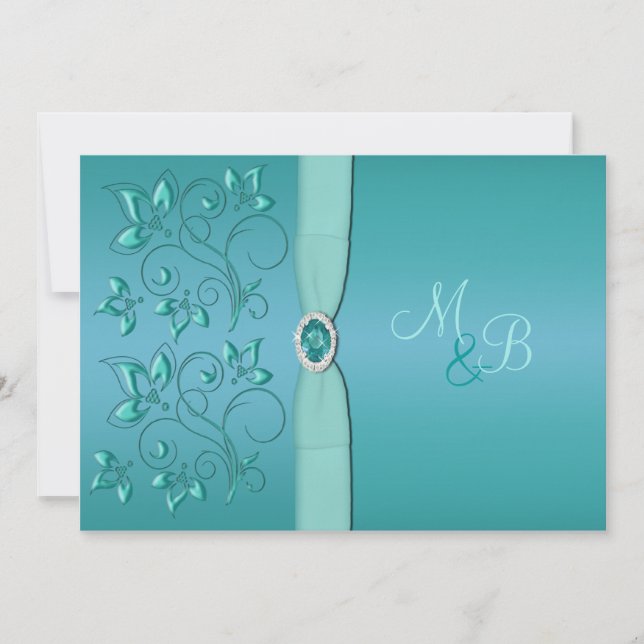 Aquamarine und Aqua Floral Mit Monogramm Einladung (Vorderseite)