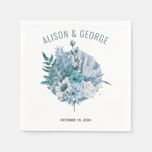 Aquamarine und aquablaue Blumen, Hochzeit mit Palm Serviette (Vorderseite)