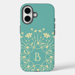 Aquamarine und beige Blume Wreath Monogramm iPhone 16 Hülle