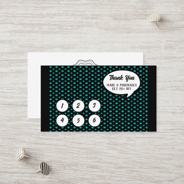 Aquamarine und Black Polka Dot Loyalty Card Rabattkarte (Vorderseite/Rückseite Beispiel)