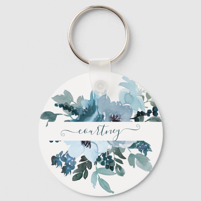 Aquamarine und blaue Aquarellblumen personalisiert Schlüsselanhänger (Vorderseite)