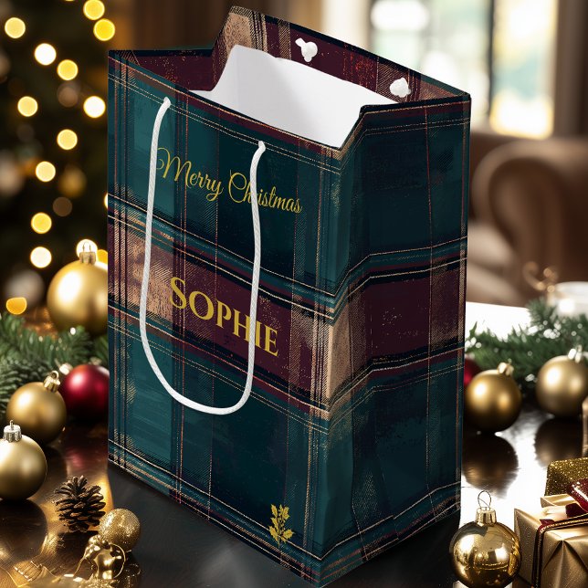 Aquamarine und Burgund Karierte Weihnachten Person Mittlere Geschenktüte (Von Creator hochgeladen)