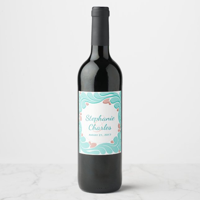 Aquamarine und Coral Wedding Wine Label Weinetikett (Vorderseite)