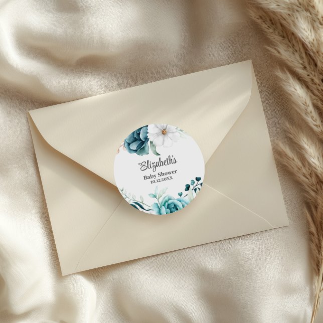 Aquamarine und cremefarbene Babydusche Runder Aufkleber (Teal and Off-White Baby Shower Classic Round Sticker on an elegant envelope.)