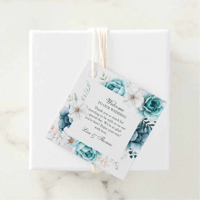 Aquamarine und cremefarbene Wildblumen Hochzeit Geschenkanhänger (Beispiel)