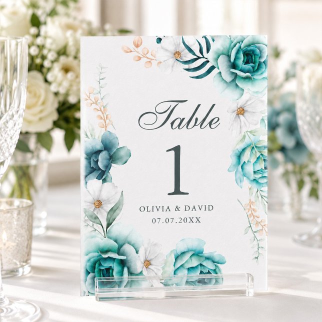 Aquamarine und cremefarbene Wildblumen Hochzeit Ti (Teal Wildflower Wedding Table Number Sign)