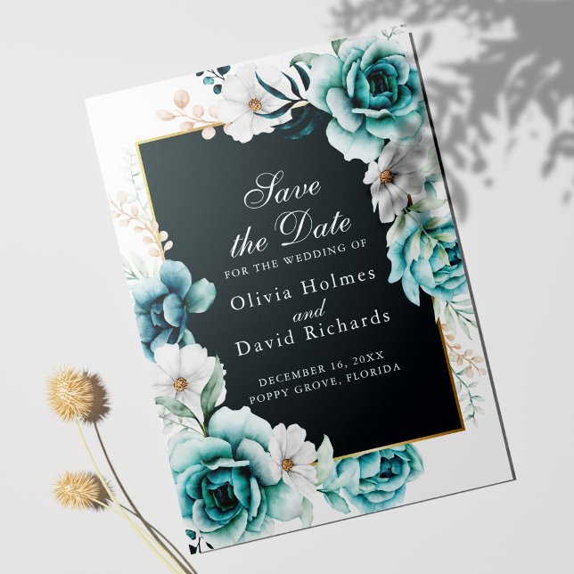 Aquamarine und Dusty Blue Wildblumen Save the Date (Teal and white floral Save the Date Card template on white background)