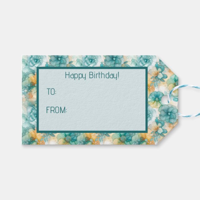 Aquamarine und gelbe Blumen - Illustration des Alk Geschenkanhänger (Vorderseite (Horizontal))