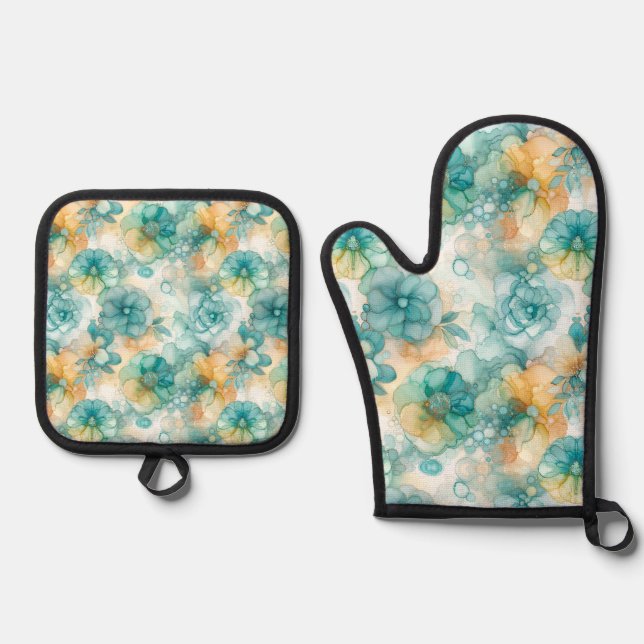 Aquamarine und gelbe Blumen - Illustration des Alk Ofenhandschuh & Topflappen-Set (Vorderseite)