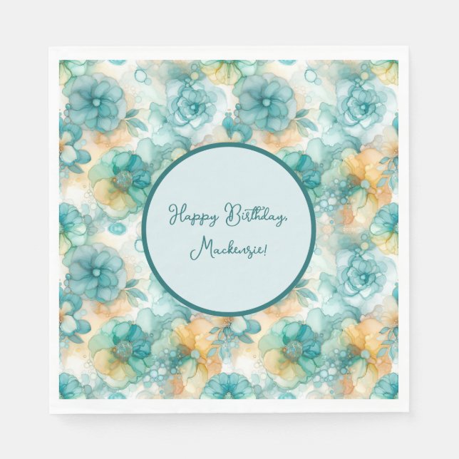 Aquamarine und gelbe Blumen - Illustration des Alk Serviette (Vorderseite)