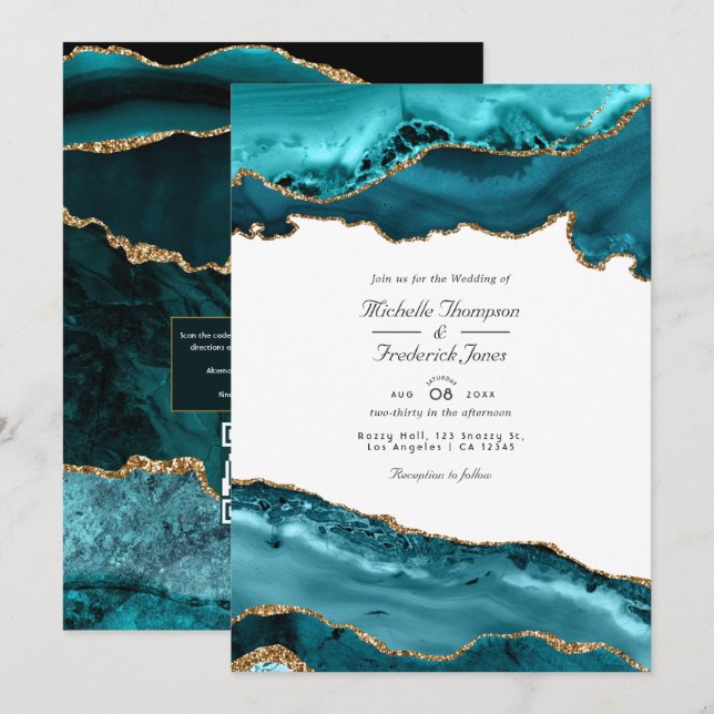 Aquamarine und Gold Agate QR Code UAWG Wedding Einladung (Vorne/Hinten)