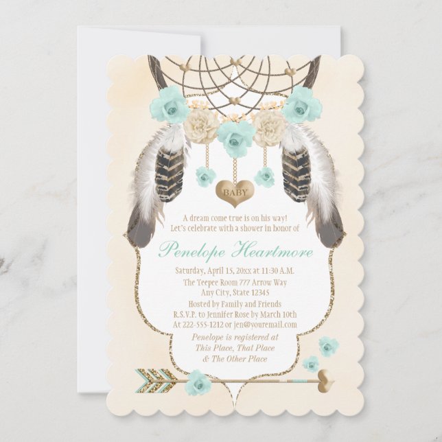 Aquamarine und Gold Dreamcatcher Boho Baby Boy Sho Einladung (Vorderseite)