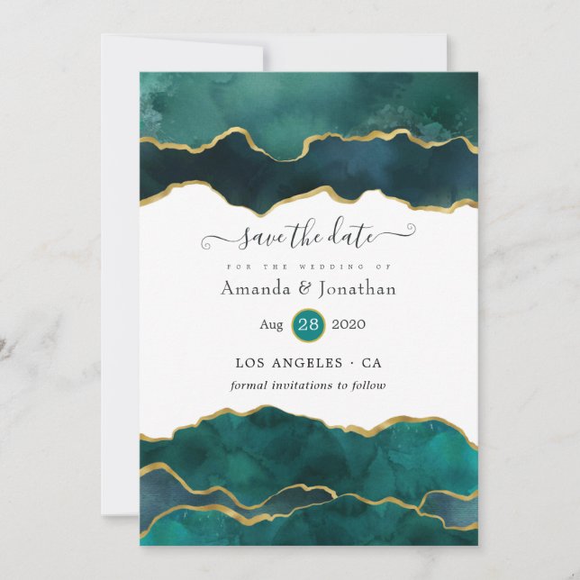 Aquamarine und Gold Geode Agate Wedding Save The Date (Vorderseite)