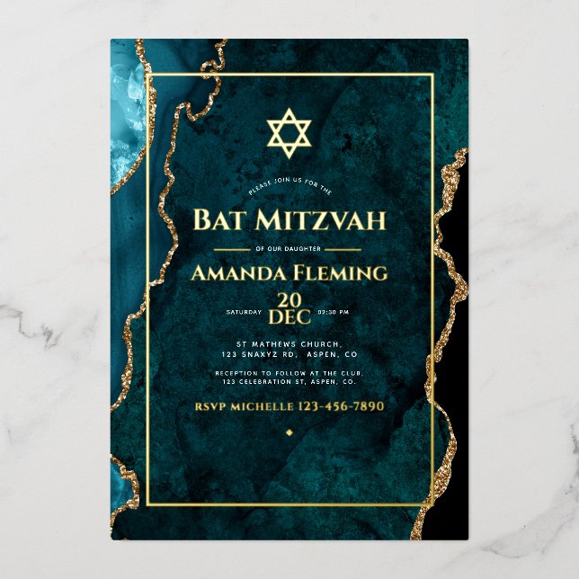 Aquamarine und Gold Imitate Agate Bat Mitzvah Folieneinladung (Vorderseite)