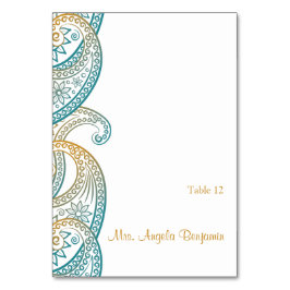 Aquamarine und Gold Indian Paisley Wedding Platzka Tischnummer