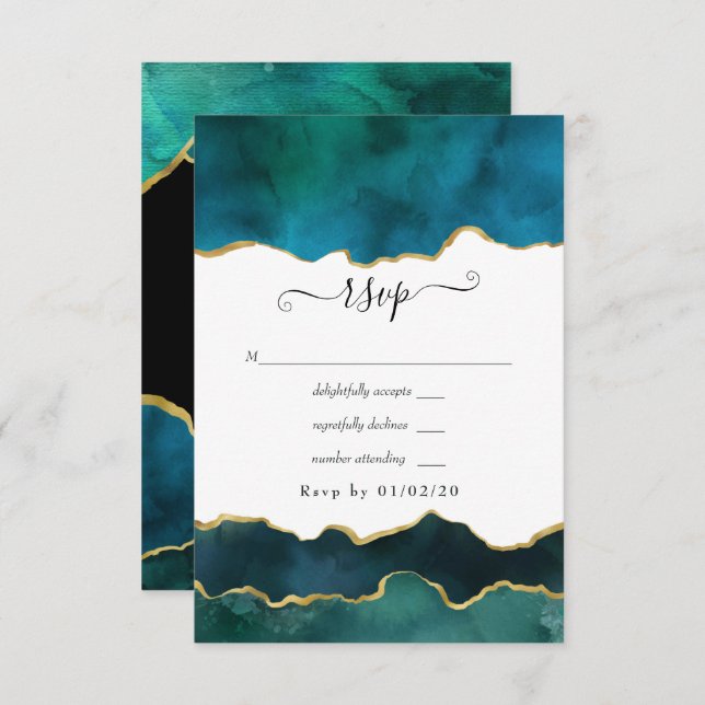 Aquamarine und Gold Strata Agate Wedding RSVP Karte (Vorne/Hinten)
